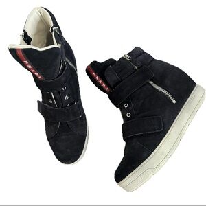 Prada Womens Black Suede 1” Heel Zip Up Wedge High Top Sneaker Boots 40 EU 10 US